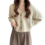 [Gorcre] リブ ニット カーディガン レディース Vネック ショート丈 ゆったり セーター 長袖 お洒落 あったか カジュアル (JP, アルファベット, Free Size, ベージュ)