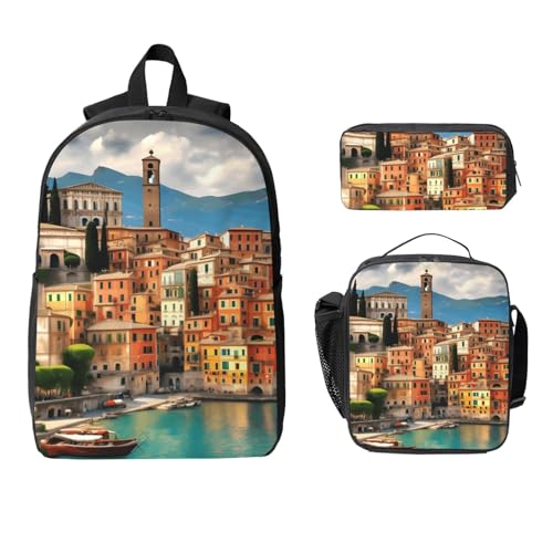 beautiful Italy print Shoulder Bookbags Lunch Bag and Pen Case 17 inches Backpack with Lunch Box, Cute Bookbag Set2