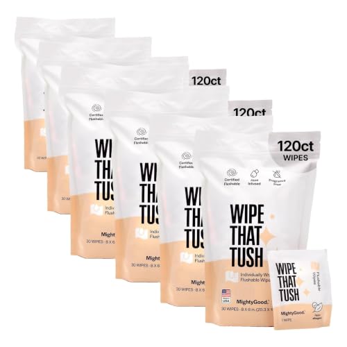 Image of Wipe That Tush On-The-Go Flushable Wipes Bulk Pack - 12 Packs of 30 Individually Wrapped Travel Wipes, 120 Total - Fragrance Free - Hypoallergenic With Aloe & Vitamin E - Septic-Safe