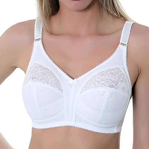 Gemm Ladies White Non Wired Lace Trim Plus Size Bra with Large Cup Sizes Full Firm Support (34 F, White)