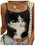 SOLY HUX Women's Cute Graphic Cami Tops Cat Print Spaghetti Strap Summer Crop Tops Camisole Black Cat Medium