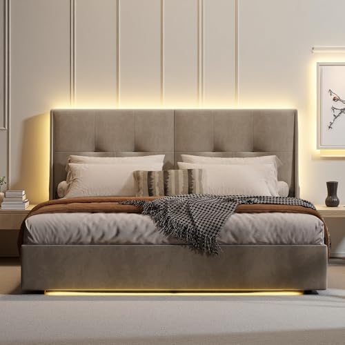 HYNHXBP Lit Coffre 140x200 cm avec Éclairage LED réglable, Lit Double Rembourré avec Rangement et Tete de lit, pour Adultes et Adolescents, Flanelle, Beige
