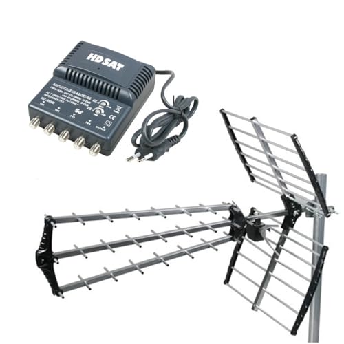 HDSAT Antenne TNT Trinappe Gain 18dB + Amplificateur TNT 4 Sorties