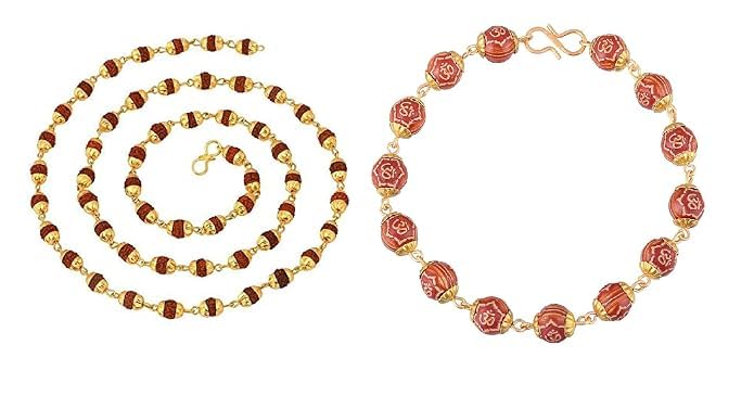 Gold Plated Rudraksha Chain Mala and Engraved Om Beads Bracelet Set for Men