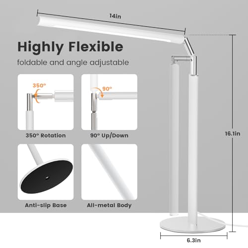 White LED Desk Lamp - Foldable Industrial Desk Light for Home Office, 15W Dimmable Table Lamp for Reading with Base, 4 Color Temps, 16" Eye Caring Metal Desktop Task Lamp for College Dorm Study