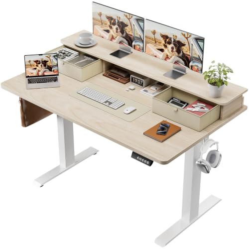 Image of Veken 47x28 in Electric Standing Desk with Drawers, Adjustable Table, Wood | Stand up Computer Desk for Home Office, Work & Study, with Storage, 3 Memory Presets, Cable Organizer, Hook, and Quiet Lift.
