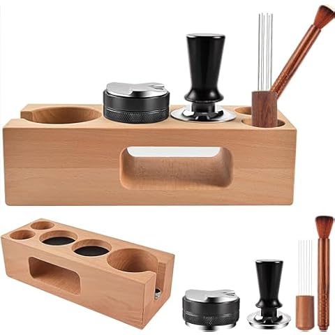 Espresso Accessories Kit 5-PCS Including Wooden Portafilter Station Organizer | 58MM Coffee Distributor | 58MM Tamper Press | WDT Stirrer Needle | Coffee Mat Brush, Multipurpose Espresso Tools Cover