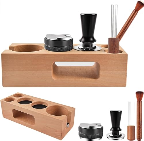 Los 10 mejores kits de iniciación para prensa de café Kit de accesorios para espresso, 5 piezas, incluye organizador de estación de portafiltro de madera de 51 mm, distribuidor de café de 51 mm, prensa de manipulación de 51 mm, aguja agitadora WDT,