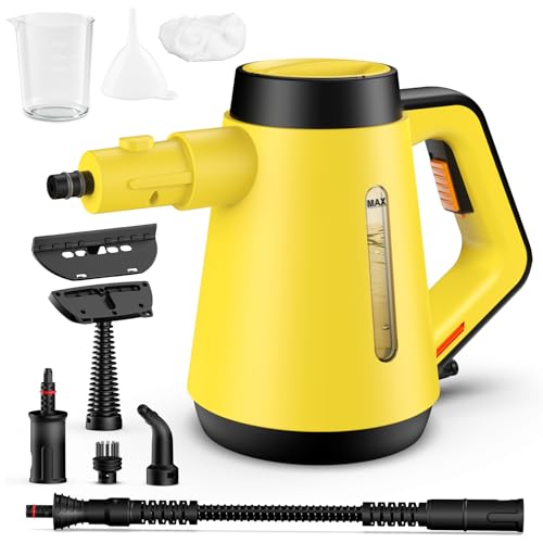Fippesax Handdampfreiniger, 400 ml Druck-Mehrzweckdampfreiniger mit 9-teiligem Zubehör, chemikalienfreier Dampfreiniger für den Heimgebrauch, Reinigung von Böden, Fliesen, Fenstern, Sofas (Gelb)