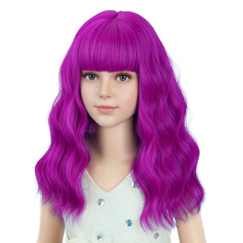 Image of PATTNIUM Girls Rose Purple Short Curly Wavy Wigs with Bangs Rose Shoulder Length Wavy Heat Resistant Synthetic Wig