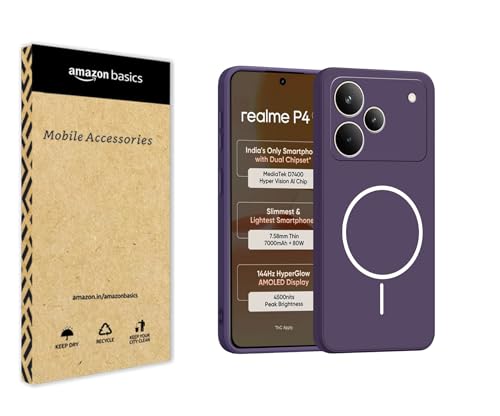 Image of amazon basics Back Cover for Realme P4 5G | Ultra Slim Soft Rubberised Case | Magsafe Logo Printed (Not Magsafe Compatible) | Camera Protection - Purple