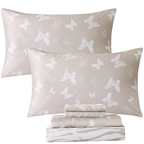 Fadfay Silk Bed Sheets Full Size Luxury Butterfly Zebra Print Floral Pattern Sheets Set Satin Tencel Soft Breathable Champagne Bedding Modern Chic Fashion Deep Pocket Sheets Set 4 Pieces, Full #TOP24