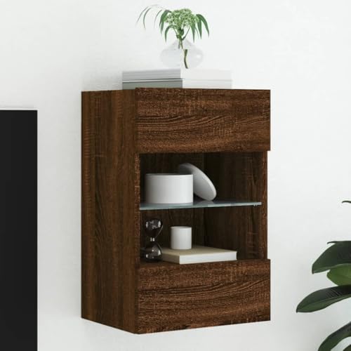 Armoire TV murale avec LED RVB, chêne marron, 40x30x60,5 cm, armoire murale TV avec étagère en verre et deux compartiments, pour ranger livres et DVD,...