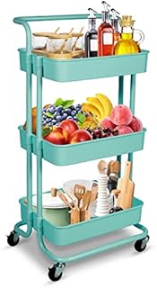 EXQUI Storage Trolley Cart, 3-Tier Multi-Use Rolling Utility Organizer Rack,Serving Storage Trolley on Wheels for Home,Office,Kitchen,Bathroom (Blue)