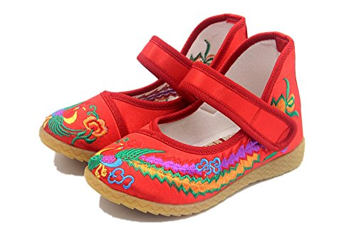 Tianrui Crown Children Girl's Phoenix Embroidery Mary-Jane Shoes Kid's Cute Flat Cheongsam Shoe Red