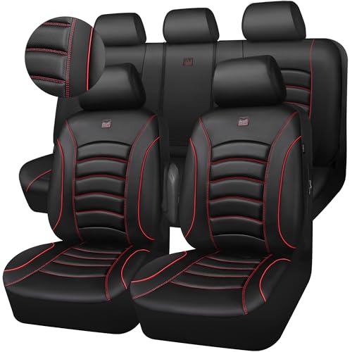 CAR PASS 3D Foam PU Leather Car Seat Covers, Universal Seat Covers Full Sets for Trucks SUV Sedan Automotive Seat Covers Armrest Airbag Compatible Waterproof Comfortable Faux Nappa Leather Black Red by CAR PASS - Used condition - US$55.99