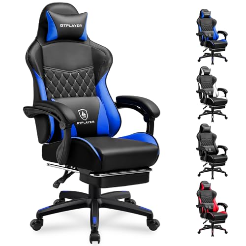 Image of GTPLAYER Gaming Chair, High Back Leather Computer Gaming Chair with Footrest, Ergonomic Height Adjustable Office Chair with Removable Cover and Lumbar Support for Gaming & Work,Blue