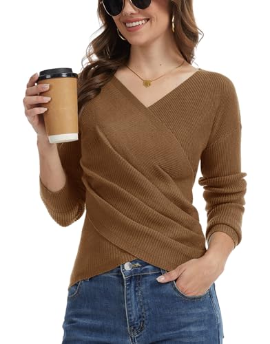 Wrap Sweater for Women, Elegant V Neck Long Sleeve Criss Cross Wrap Front Pullover Casual Knit Sweaters Caramel