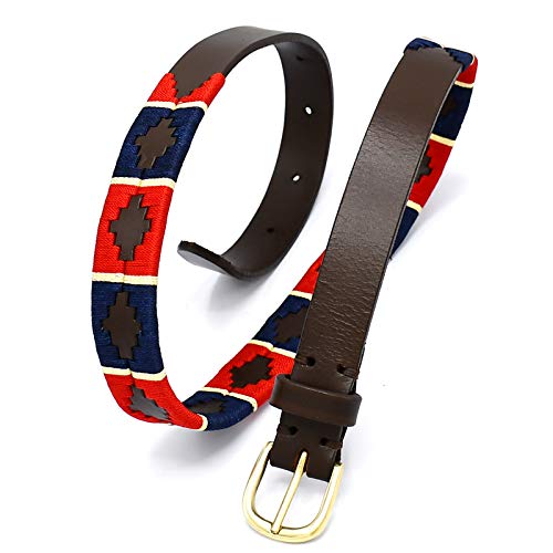 Mens Premium Hand-Stitched Leather Belt 34" Navy Blue & Red Color BLT-033