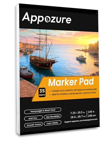 240GSM Bleedproof Sketch Pad for Markers, Acid-Free Heavyweight Smooth Drawing Papers, 7.25×10.5 Inch Glue-Bound, 35 Sheets/70 Pages, Ideal for Beginners, Artists, Kids, Adults, Dry Media, Gifts