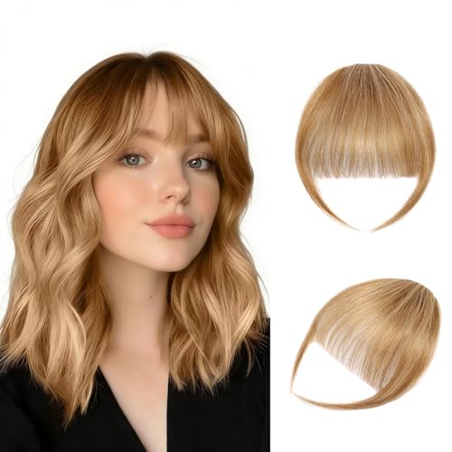 Clip in Bangs 100% Real Human Hair Fringe with Temples Wispy Bangs Hair Clip Hairpiece for Women Thin Bangs Hair Clip Natural Look Easy Trim & Secure BB Clips for Daily Wear(Honey Blonde)