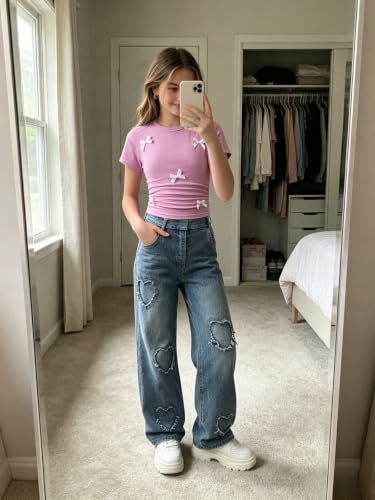 Image of Size 7-14 Years Girls 2 Piece Outfits Bow Short-Sleeved Top and Jeans Pants Clothing Set