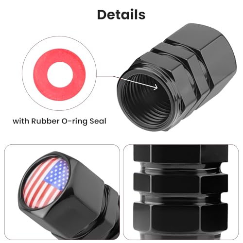Tire Valve Stem Caps, 4 Pack Wheel Tire Valve Caps, for Universal Cars Trunks SUVs Motorcycles and Bikes, Dust Proof Leak-Proof Light-Weight Aluminum Alloy (Black, Amarican Flag) - Thumbnail 4