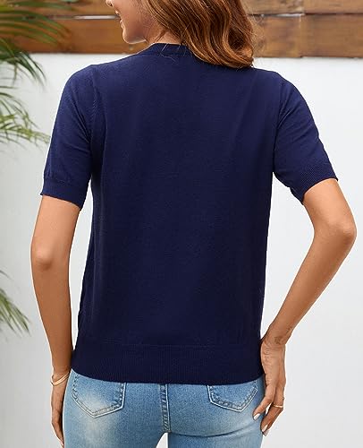 Image of Women Summer Knit Shirt Blouse V Neck Short Sleeve Pullover Sweater Tops