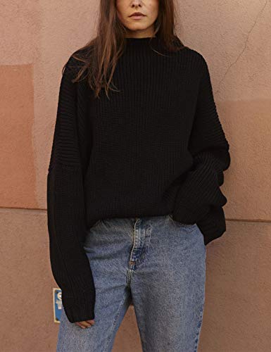 Ugerlov Women's Oversized Sweaters Batwing Sleeve Mock Neck Jumper Tops Chunky Knit Pullover Sweater, Black, L-XL2