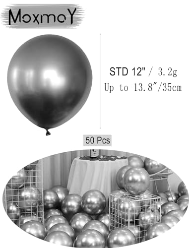 MOXMAY Metallic Silver Balloons, 50 Pcs 12 Inch Silver Chrome Latex Balloons for Balloon Garland or Arch as Wedding, Birthday, Disco Party Balloons Decorations