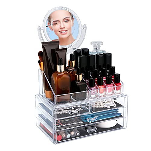 KINGROW Makeup Organizer with Mirror Acrylic Cosmetic Organizers and Storage for Skin Care Cosmetics, Jewelry, Nail Polish, Hair Accessories, 3 Pieces, 4 Drawers