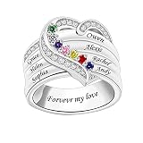 Personalized Heart Rings for Women Custom Engraved Names Rings with 7 Birthstones Sterling Silver Fa