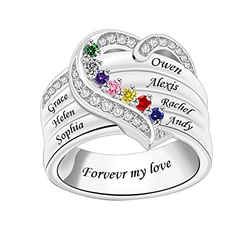 Personalized Heart Rings For Women Custom Engraved Names Rings With 7 Birthstones Sterling Silver Family Rings For Mother Christmas Mother's Day Gift For Mom Grandma Granny #TOP12