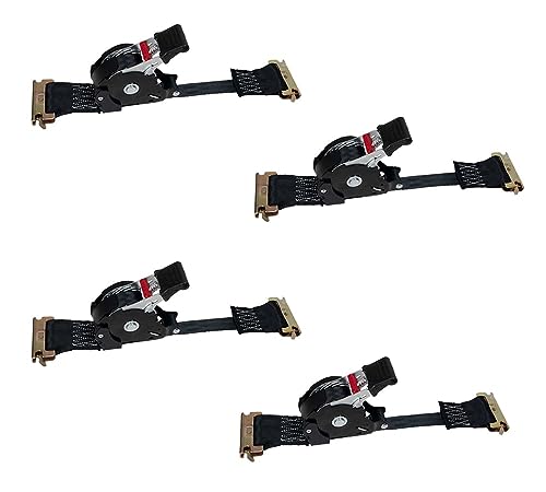 Mytee Products 1'' x 12' Retractable Ratchet Straps for E-Track - Auto Retract Tie Down Straps with 500 lbs WLL - Self Ratcheting Strap for Boat, Jet Ski, ATVs, Bikes (4 Pack)