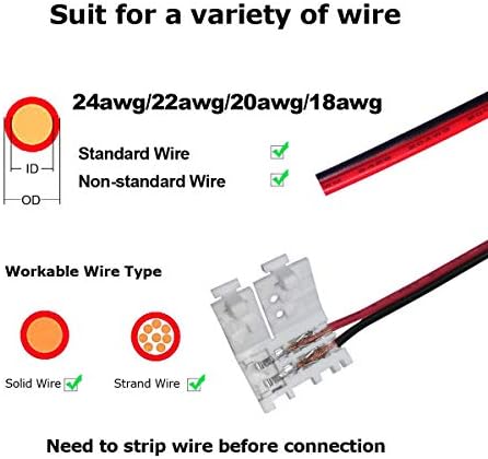 Masterwon 2 Pin 8mm LED Strip to Wire Connector Unwired Clips Solderless Adapter Terminal Extension Connection for 3528 2835 Single Colour LED Strip Lights 12V 24V