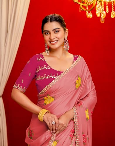 Image of SIRIL Women's Embroidery, Mirror Work, Scalloped Border Shimmer Georgette Saree With Unstitched Blouse Piece