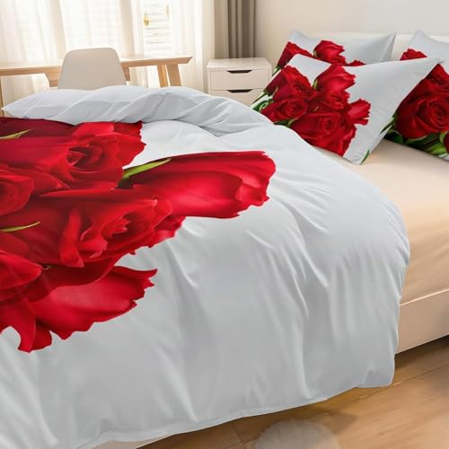 Housse de couette 240 x 220 fleurs rouges parure de lit luxe en microfibre douce toucher soie