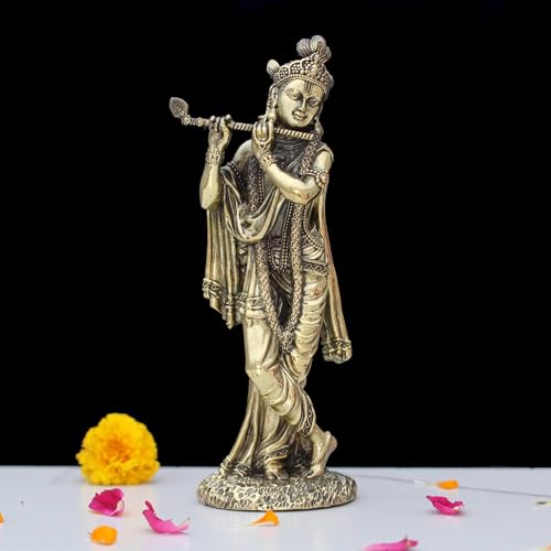 Image of INDICAST Brass 8 inch Lord Krishna Statue | Handcrafted Standing Krishna Murti Hindu God Idol Figurine Perfect for Decoration Puja & Gifting Purpose Sculpture (Weight- 420gm)
