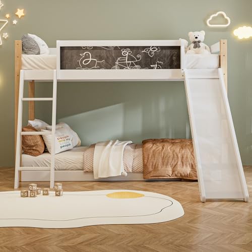 PUGSDRLY Lit Superposé Enfants 90x200/190cm avec Tableau à Graffitis,Lit Superposé 2 Places avec Toboggan,Sommier à Lattes Robuste,Barrière Hautes,pour...