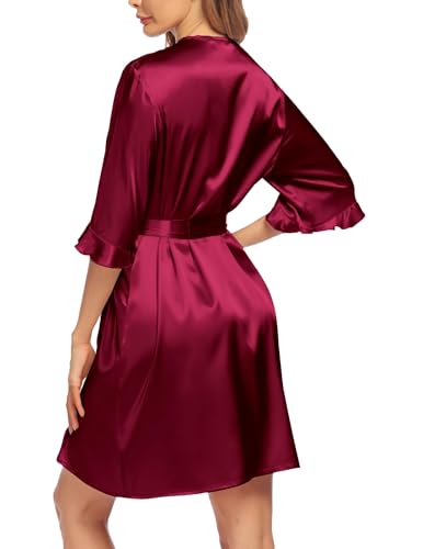 Image of Ekouaer Women's Satin Robe Valentines Lingerie for Women Kimono Bathrobe Short Ruffle Belted Robes Bridesmaids Sleepwear