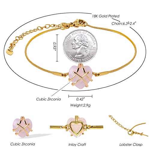 Image of Love Rose Pink Heart Charm Bracelet Women Girl Adjustable Bracelet 18K Gold Plated Cubic Zirconia Valentine's Mother's Day Birthday Jewelery Gift