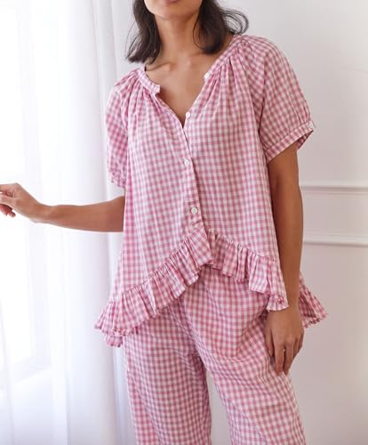 Image of Argeousgor Women Plaid 2 Piece Pajama Set Button Down Puff Sleeve Babydoll Shirt Gingham Pants Pj Lounge Set Sleepwear