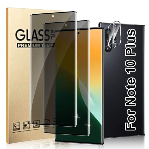 [2+2 Pack] For Samsung Note 10 Plus Privacy Screen Protector With Camera Lens Protector, Anti Spy Anti-Scratch,9H Tempered Glass,Compatible Fingerprint,High Responsive,For Samsung Note 10 Plus 6.8Inch