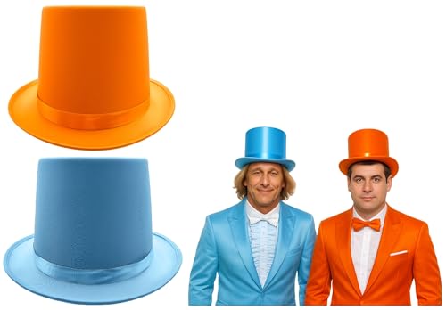 Nicky Bigs Novelties Adjustable Size Dumb Dumber Premium Tuxedo Satin Top Hat Set for Adults Blue Orange Tall Tux Hats Satin Trim Funny Costume Accessories for Halloween Dance Cosplay