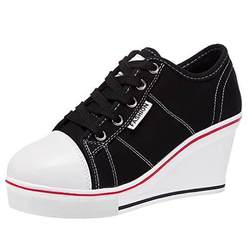 ANUFER Damen Keilabsatz Schnüren Canvas Turnschuhe Schwarz SN02435 EU38 Cover