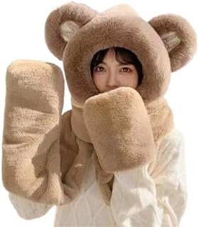 Gorro Grueso con Orejas de Oso de Felpa, Gorro de Invierno de imitación de Piel de Conejo, Bufanda cálida, Sombrero Todo en uno, máscara for Exteriores, Gorro Integrado (Color : Brown)