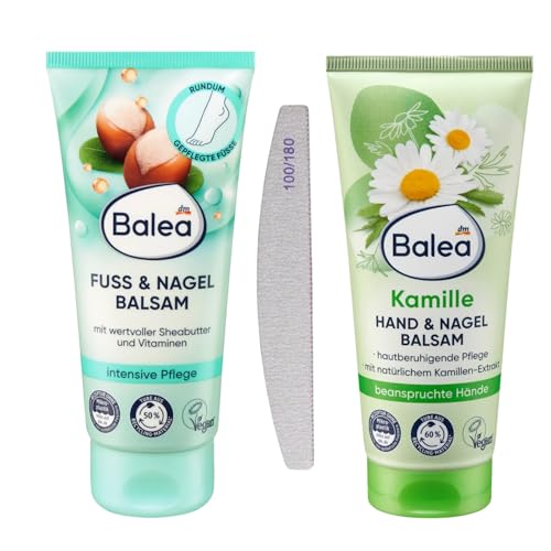 Balea - Juego de 2 bálsamos para pies y uñas, 100 ml + bálsamo de manos y uñas de manzanilla 100 ml + lima de uñas de grano extra