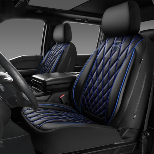 Image of CAR PASS Piping Luxury PU Leather Two Front Car Seat Covers,Waterproof Anti- Slip Seat Covers Compatible with Front Seat Armrests,Universal Fit for Suvs,Vans,Trucks,Airbag Compatible(Black and Blue)
