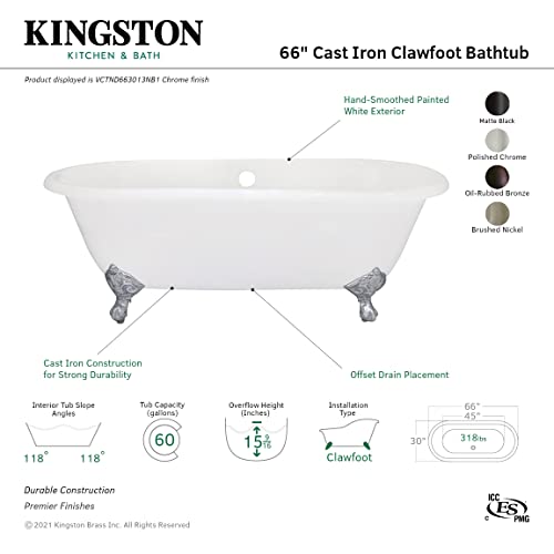 Kingston Brass Aqua Eden Vctnd663013Nb5 Cast Iron Double Ended Clawfoot Bathtub With Oil Rubbed Bronze Feet Without Faucet Drillings, 66-Inch, White #TOP4