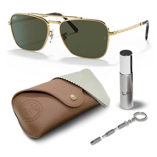 Ray-Ban RB3636 NOVO CARAVAN Óculos de sol quadrados com kit de óculos – Almofadas de nariz ajustáveis – Óculos de sol quadrados formais e casuais ideais, Armação dourada polida | Lente verde, 58mm